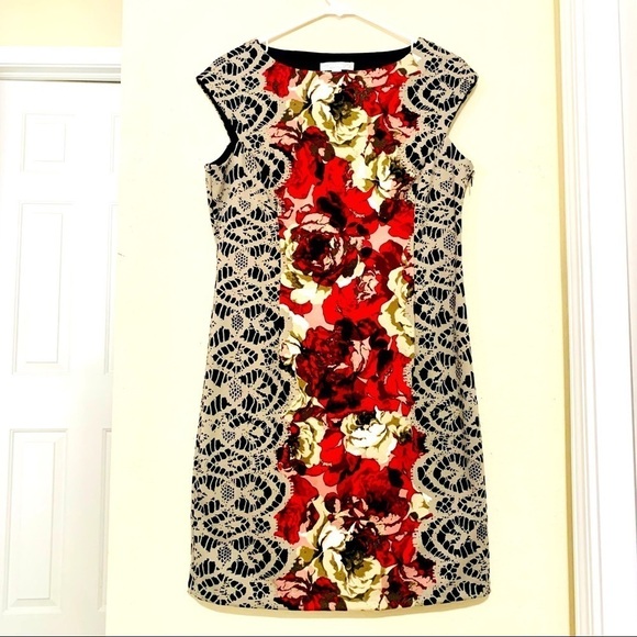 LONDON TIMES Red White Black floral Sleeveless sheath Dress women’s size 12P - Picture 1 of 8